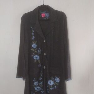 Black Cardigan with Blue Floral Embroidery